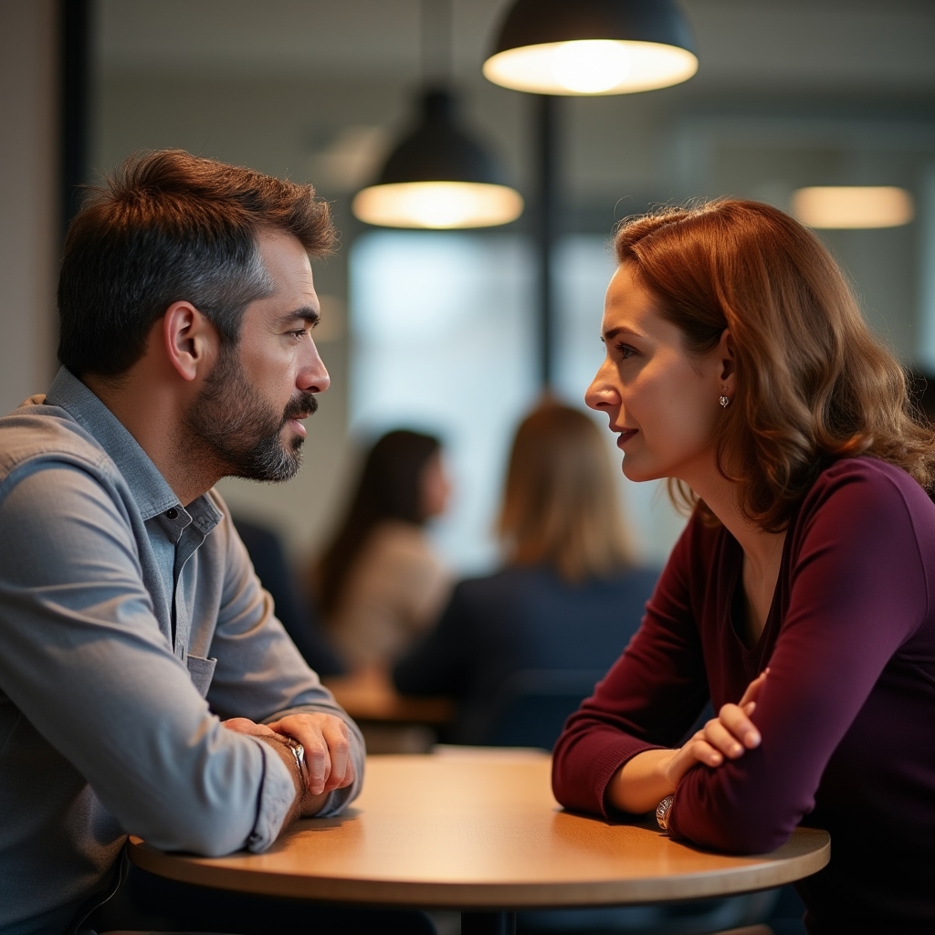 Due adulti che praticano una conversazione difficile in aula